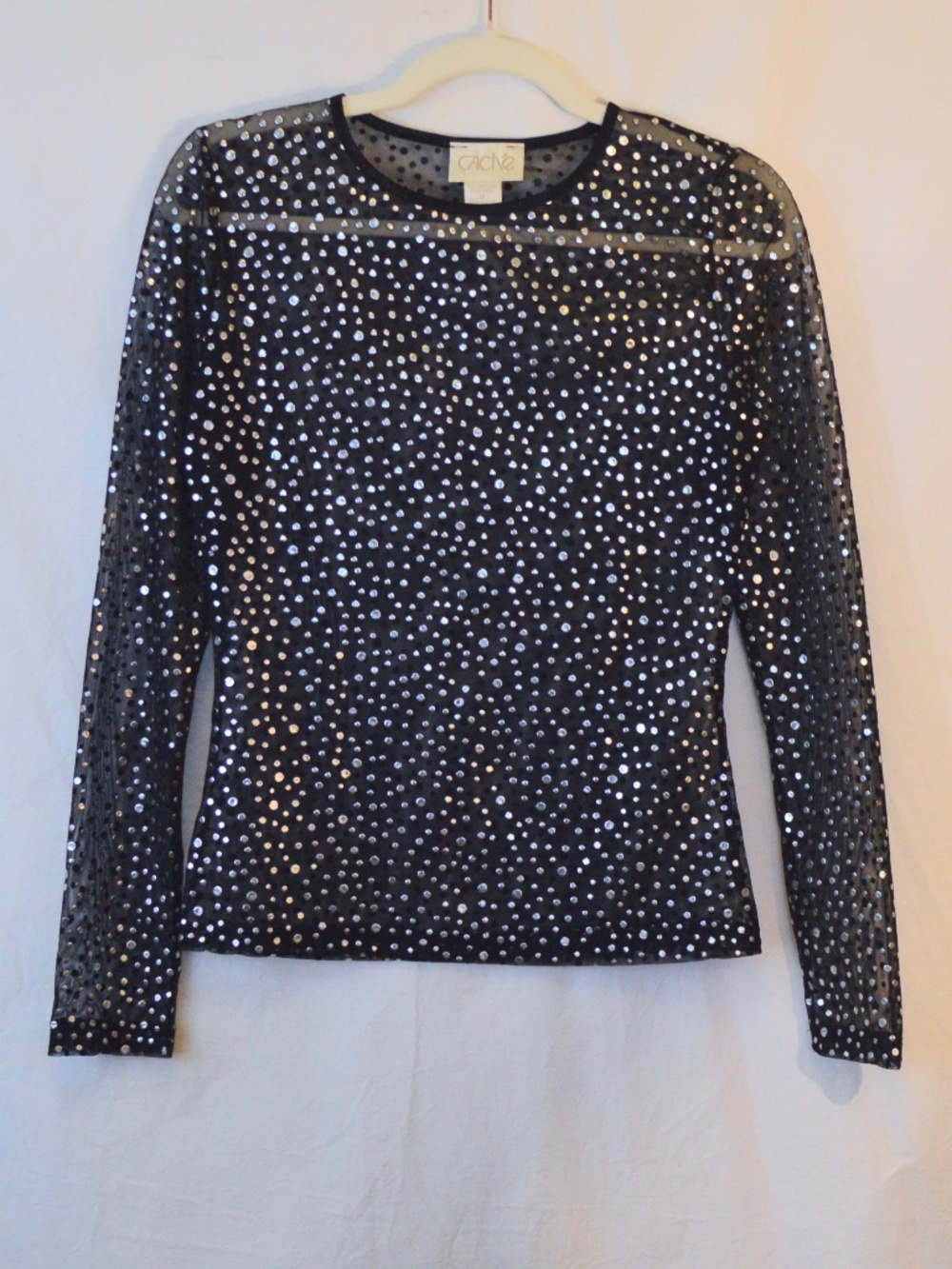 Vintage Cache Sheer Mesh Black Long Sleeve Top w/ Silver Metallic Dots Size M